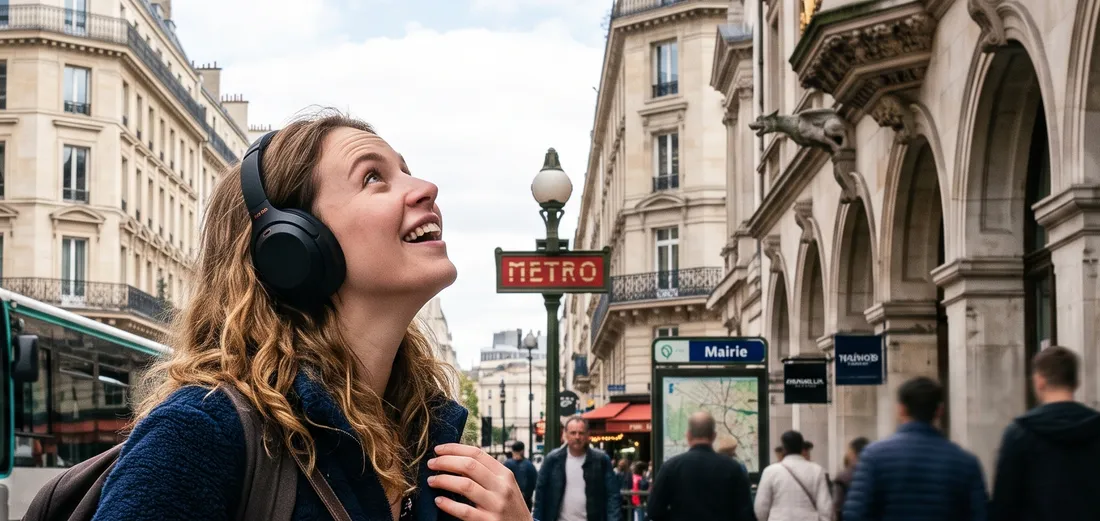 Une promeneuse découvre la ville, tête haute, écouteurs aux oreilles
